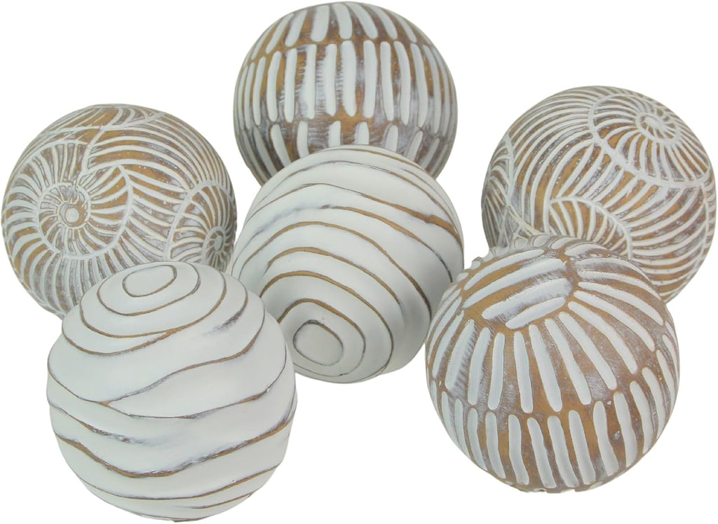 Set of 6 Decorative Orbs, 3 Inch Whitewashed Geometric Resin Spheres | Three Distinct Designs, Hand-Carved Wood Look
