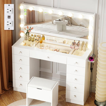 Vanity with Lighted Mirror - 46" Makeup Vanity Desk with Glass Top | Makeup Table with 11 Drawers, 3 Color Lighting