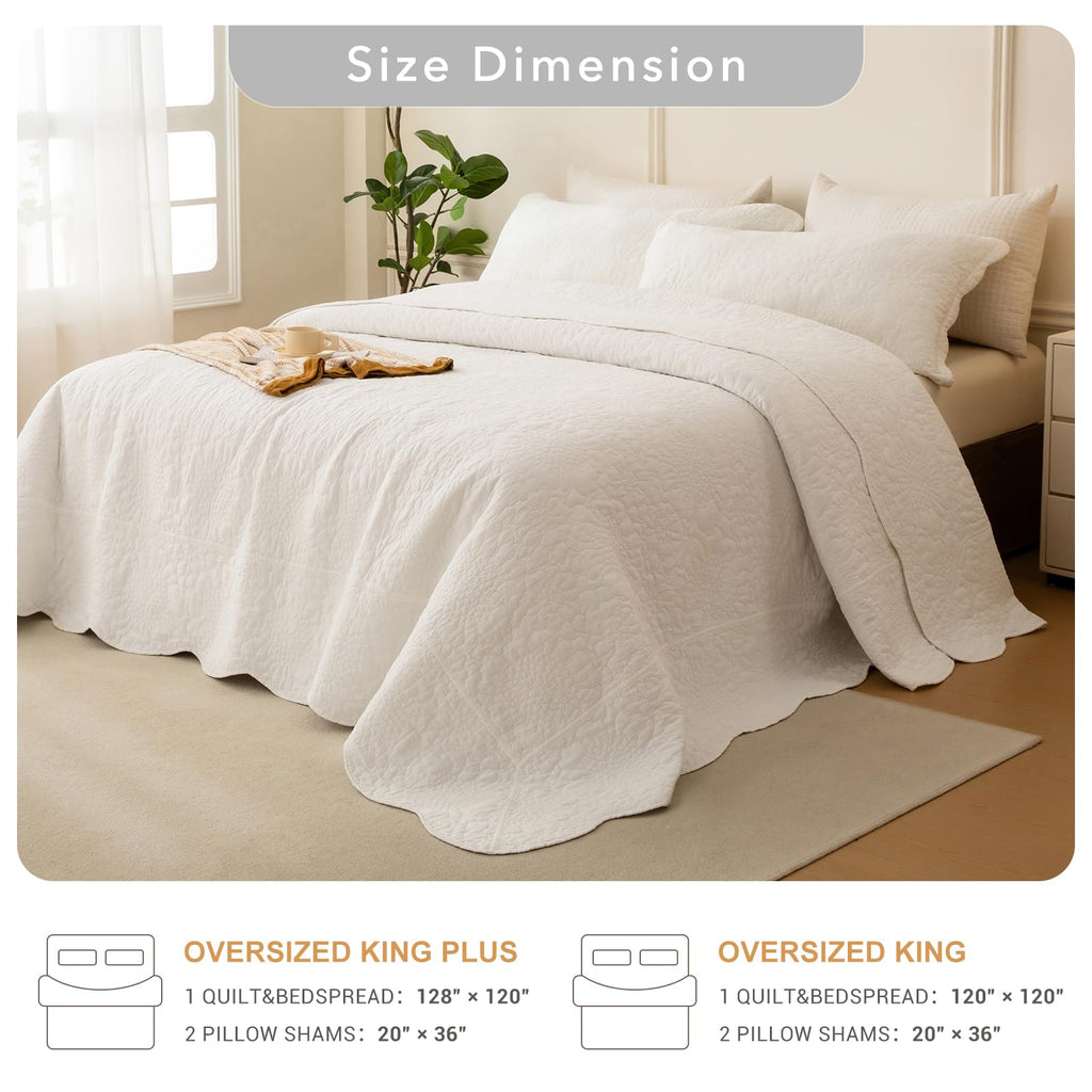 Milk White Stonewashed Cotton (128"x120"), 3PCs Farmhouse Rustic Wave Pattern Quilt California King, Soft Lightweight