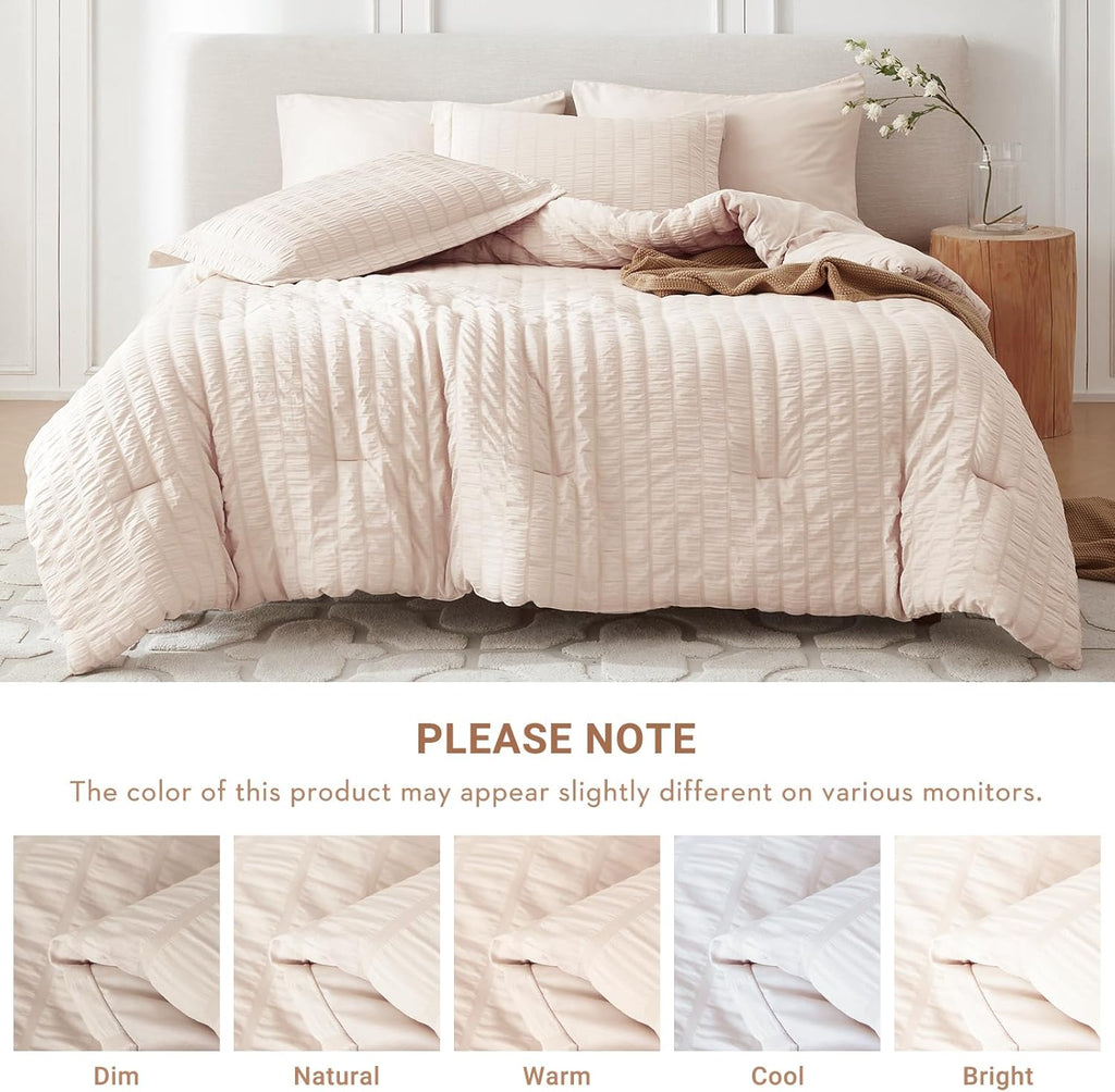 7 Pieces Comforter Set, Seersucker Bed in a Bag, All Season Luxury Bedding Set with Comforter, Flat Sheet