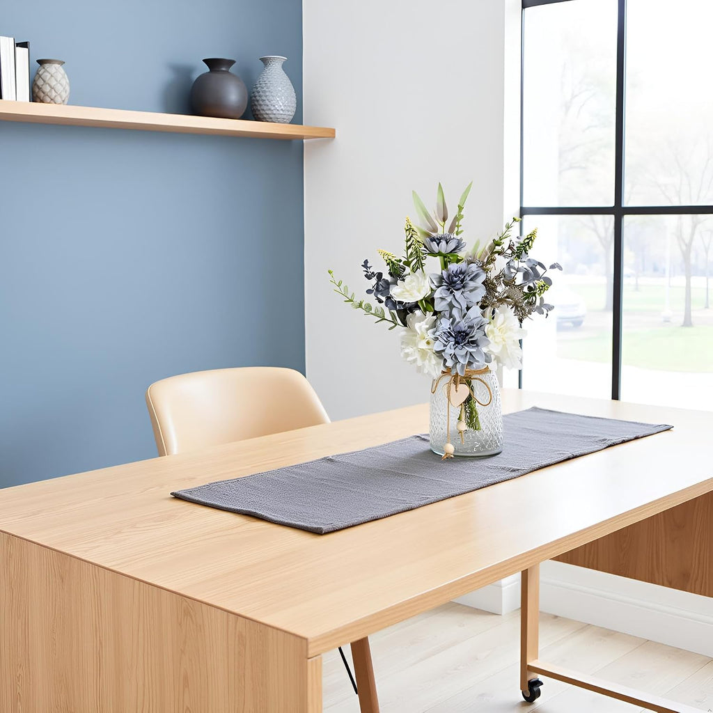 Artificial Flowers with Vase, Faux Dahlia Flower Arrangement in Glass Vase, Blue and White Silk Flowers with