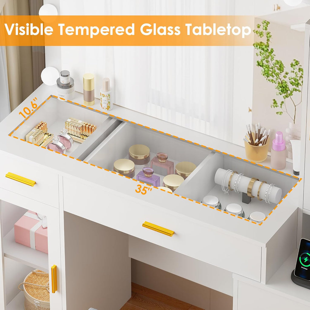49.2" Large Glass Top Vanity Desk with Lighted Mirror and Stool | White Makeup Vanity table with Nightstand,Power