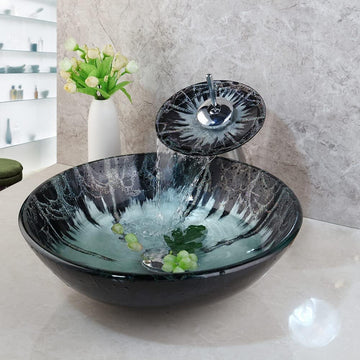 Green Glass Vessel Sink With Faucet And Pop-Up Drain Combo 17 Inch Round Tempered Glass Basin Bathroom Bowl Sinks