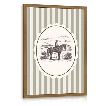 Wood Framed Vintage Cowboy Wall Art, Neutral Stripe Western Ranch Wall Decor, Cowboy on Horse Poster Print, Rustic