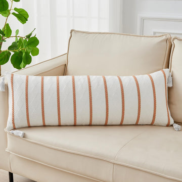 Geometric Striped Decorative Lumbar Pillow Cover 14x36 Inch 1 Piece, Modern Farmhouse Cream Neutral Couch Pillow