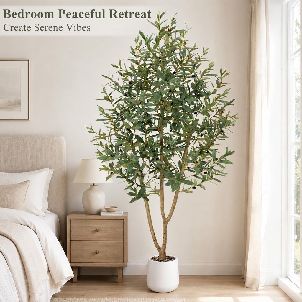 7FT Olive Trees Artificial, Large Faux Olive Tree with White Tall Planter, Faux Tree Indoor with Lush Lifelike Fruits