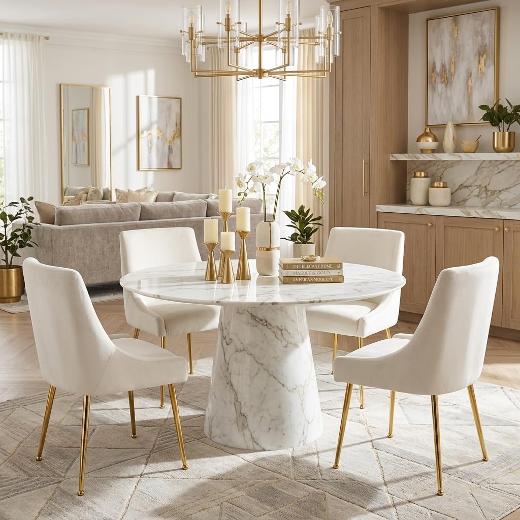 Cream Velvet Dining Chairs Gold Legs, Armless Upholstered Dining Room Chair | Set of 2 Padded Accent Chair with Wing