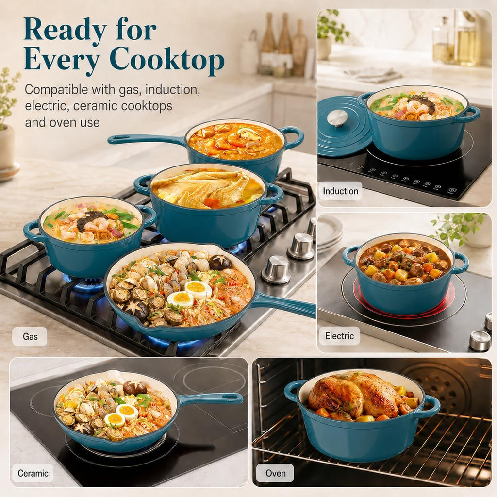 Enameled Cast Iron Cookware Set,7 Piece Dutch Ovens Set,Teal | Ceramic Coated Cast Iron,Sauce Pan,Skillet,3 Lids,Pots