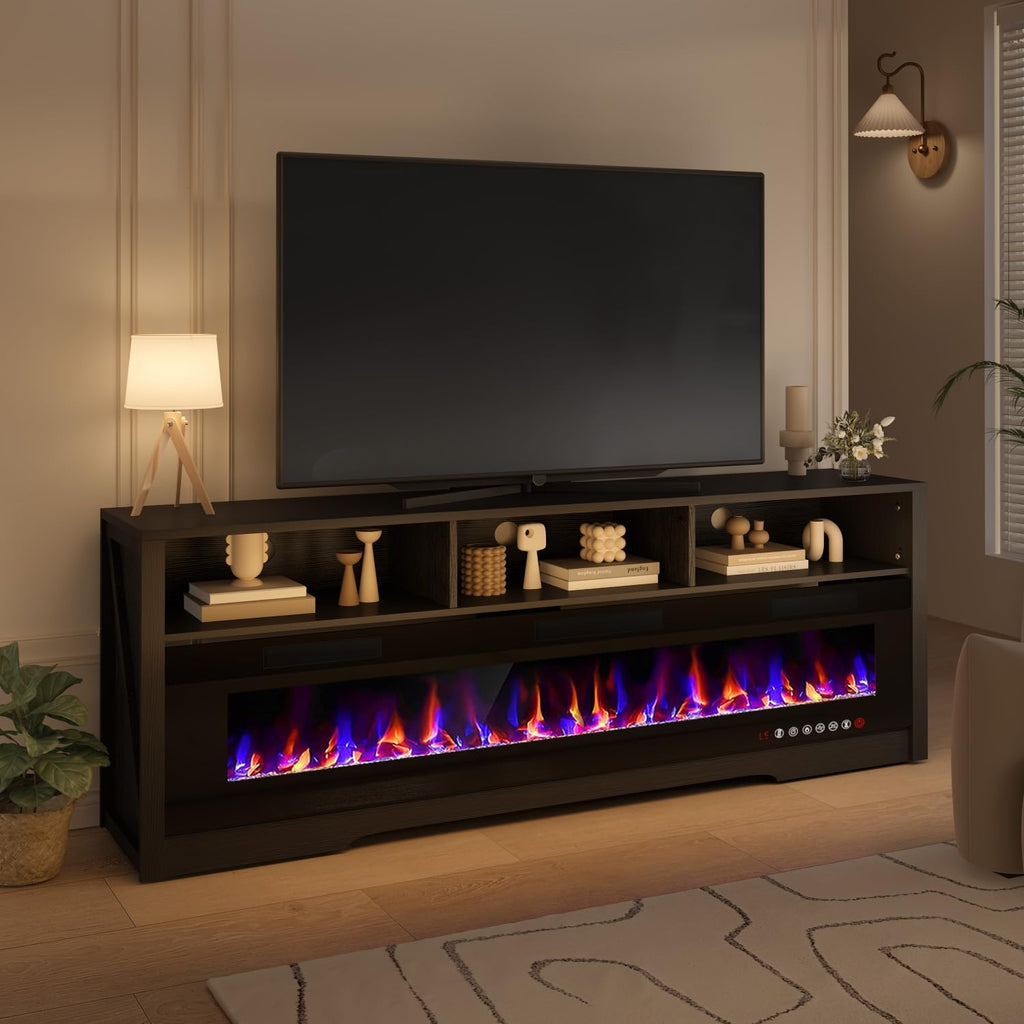 65" Fireplace TV Stand with 60" Glass Electric Fireplace for TVs Up to 75 inch, Modern Fireplace Entertainment Center
