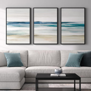 Framed Abstract Coastal Wall Art , Large Blue Coastal Landscape Decor, 3 Piece Minimalist Beach Ocean Painting