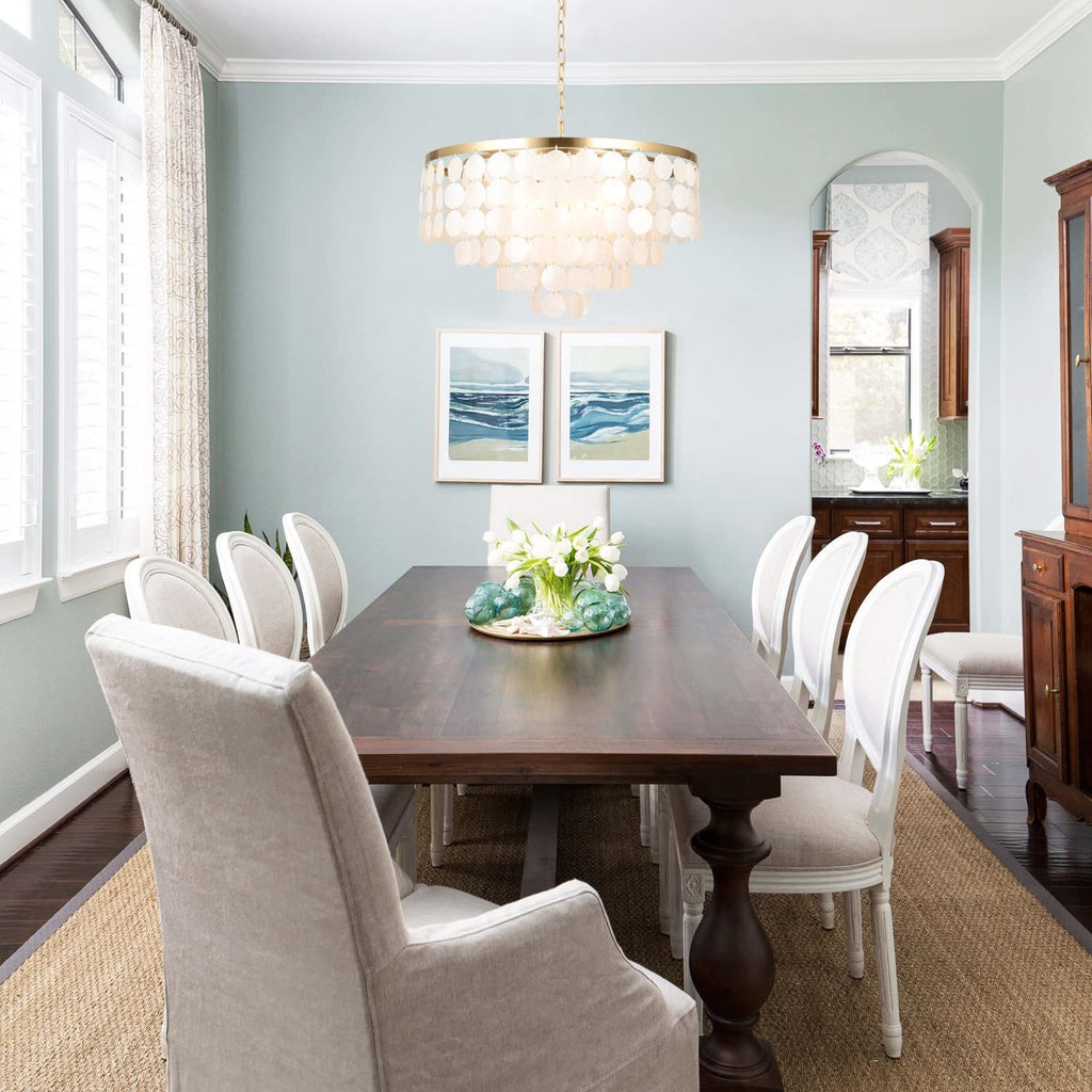 18.2" White Shell Chandeliers, Brushed Brass Finish, Coastal Kitchen Island Light Fixture, 4 Light Modern Pendant