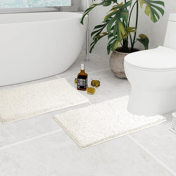 Bathroom Rug 2 Pieces Set Non Slip Bath Mat (20"x32" Plus 20"x24" U Ivory) Water Absorbent Super Soft Shaggy Chenille