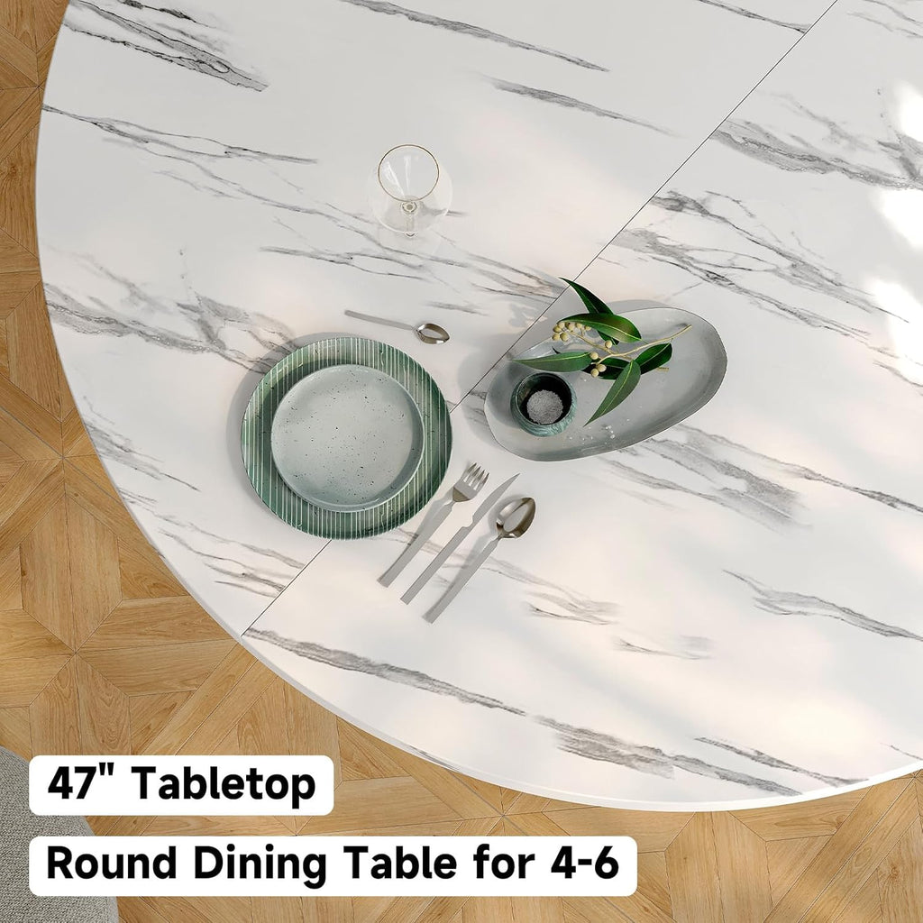 Round Kitchen Dining Table for 4-6 People, 47 inch Mid-Century Circle Dinner Tables, Rustic Wood Base in Fluted