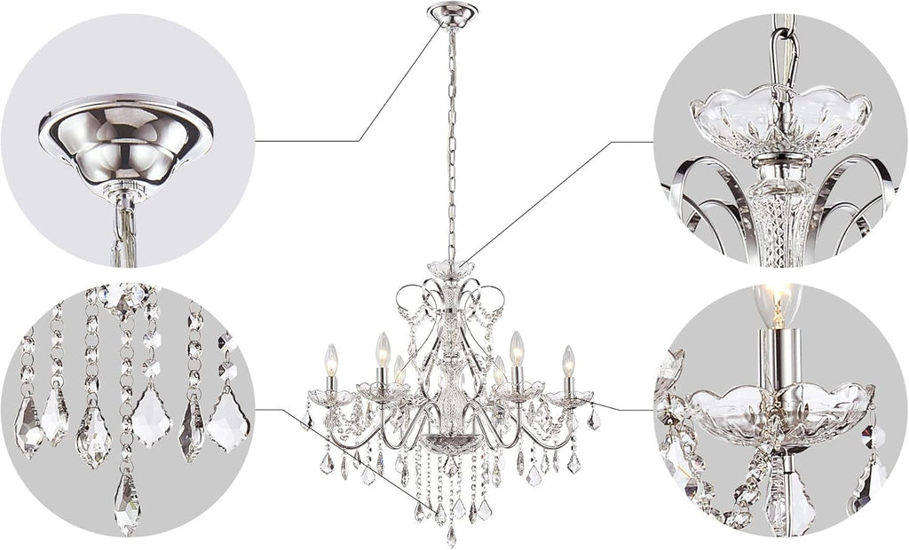 6 Light Crystal Chandelier Light Fixture Modern Chandelier Crystal Lighting, Crystal Pendant Raindrop Chandelier for Dining Room,Bedroom,Living Room,H23 x D24