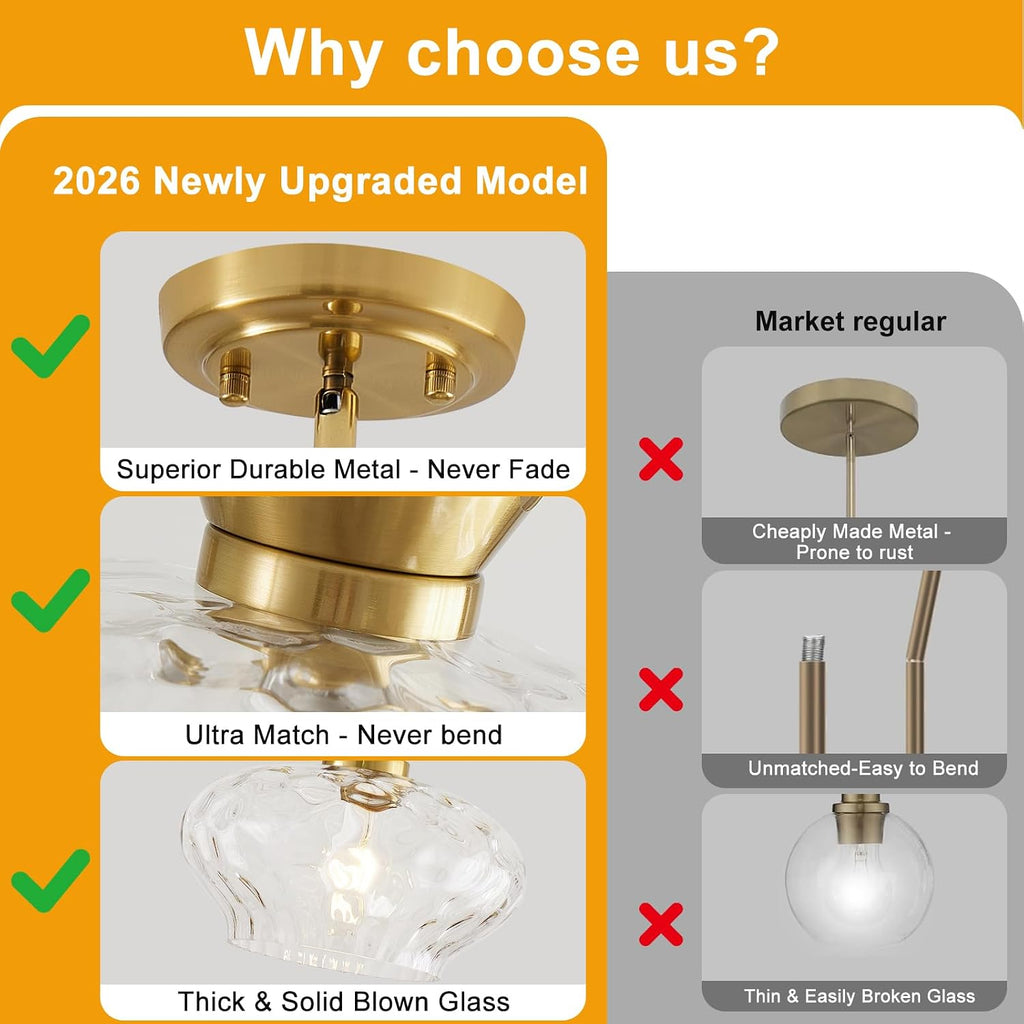 Pendant Lights Kitchen Island, Brushed Gold Pendant Light Fixtures with 11" Clear Hammered Glass Shade, Modern