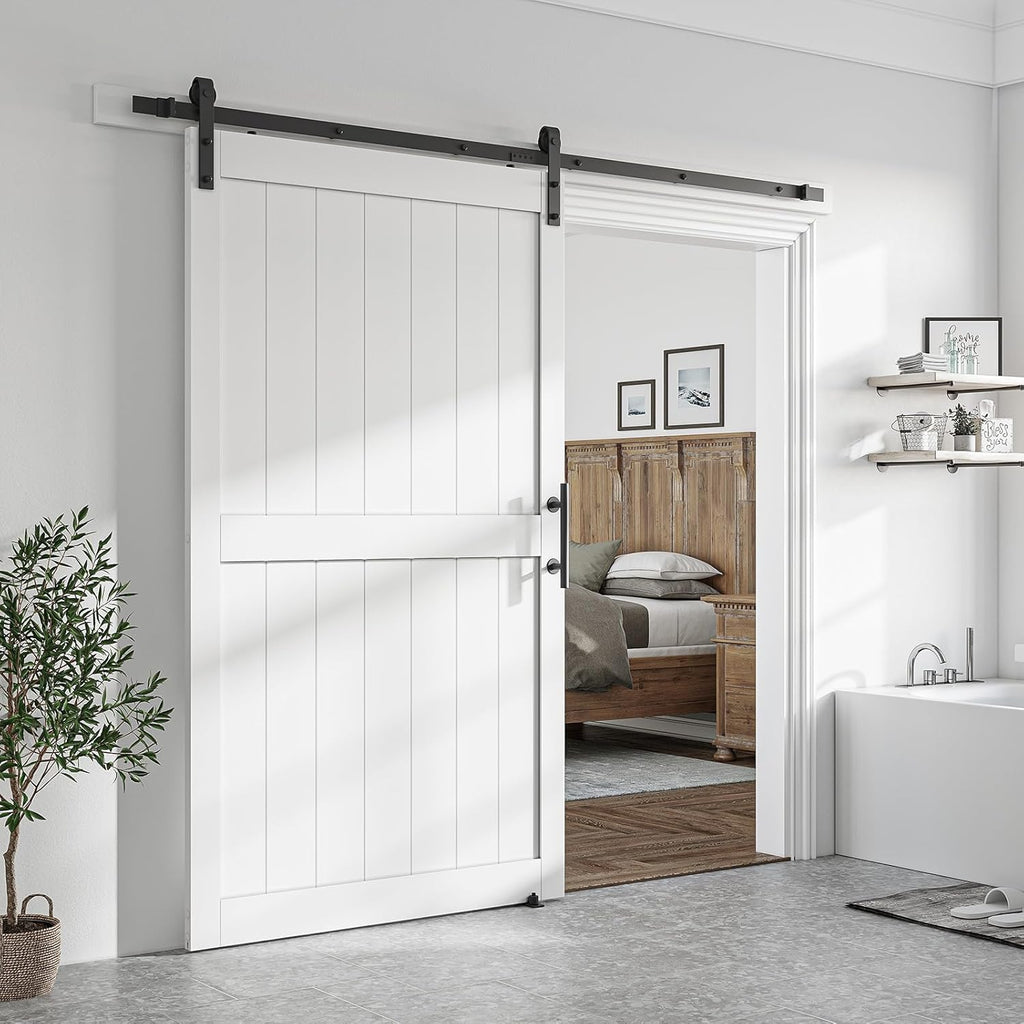48 x 84 inch White Sliding MDF Barn Door with 8FT Black Sliding Door Hardware Kit & Handle, Pre-Dril