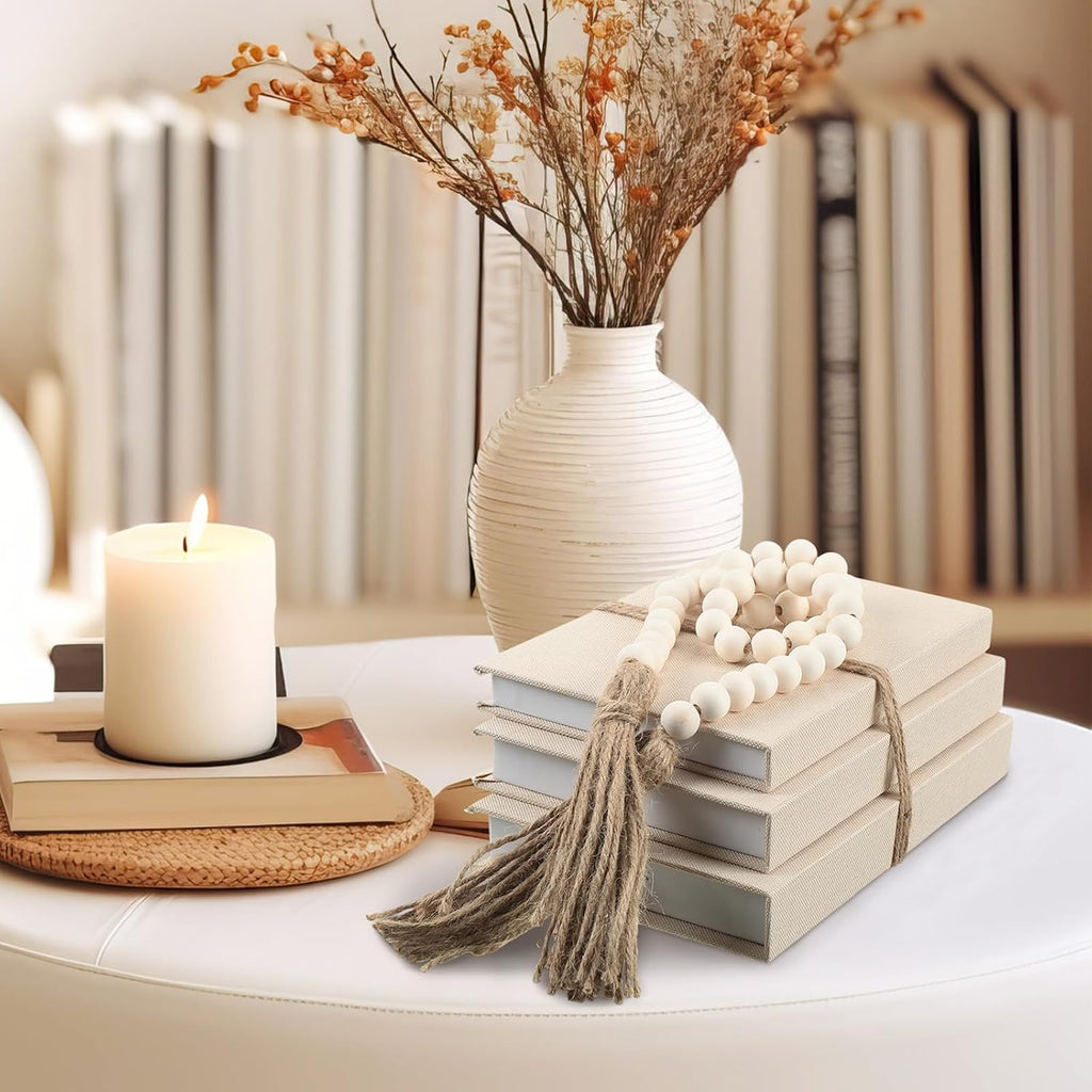Linen Covered Decorative Books, Set of 3, Coffee Table Books Fabric Book Decor with Wooden Beaded Tassel Neutral Home