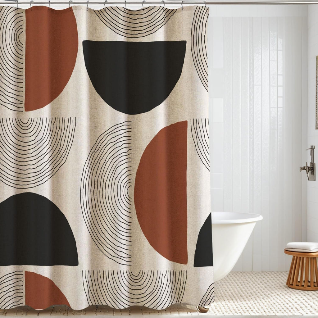 Boho Minimalistic Linen Shower Curtain Abstract Geometric Shapes Lines Fabric Shower Curtain Set with Hooks, Mid