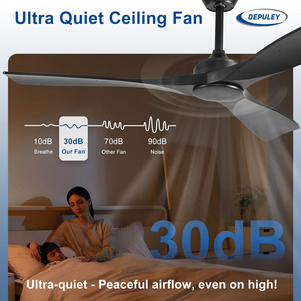 52 Inch 3 Blade Indoor Outdoor Fans for Patios - Black Ceiling Fan No Light Remote APP Control Ultra Quiet DC Motor Reversible 6 Speed Timer