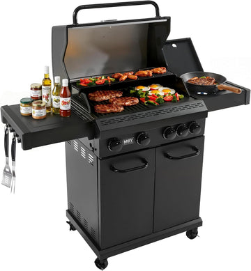 4-Burner Propane Gas Grill with Side Burner, 50,000 BTU BBQ Grill with Cast Iron Grates, Stainless Steel Griddle, and Heavy-Duty Construction for Patio and Backyard