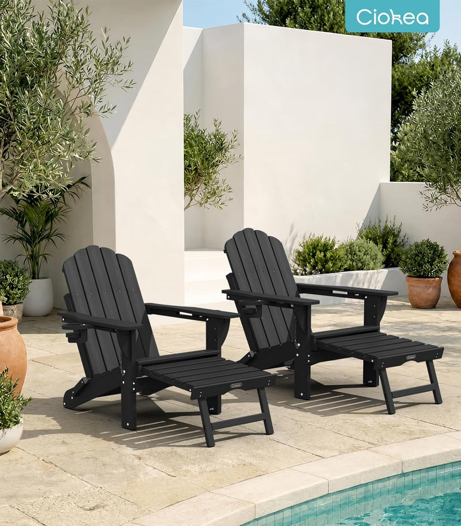Folding Adirondack Rocking Chairs Set of 2 with Retractable Ottoman, 4-in-1 Outdoor Adjustable Adirondack Chair with