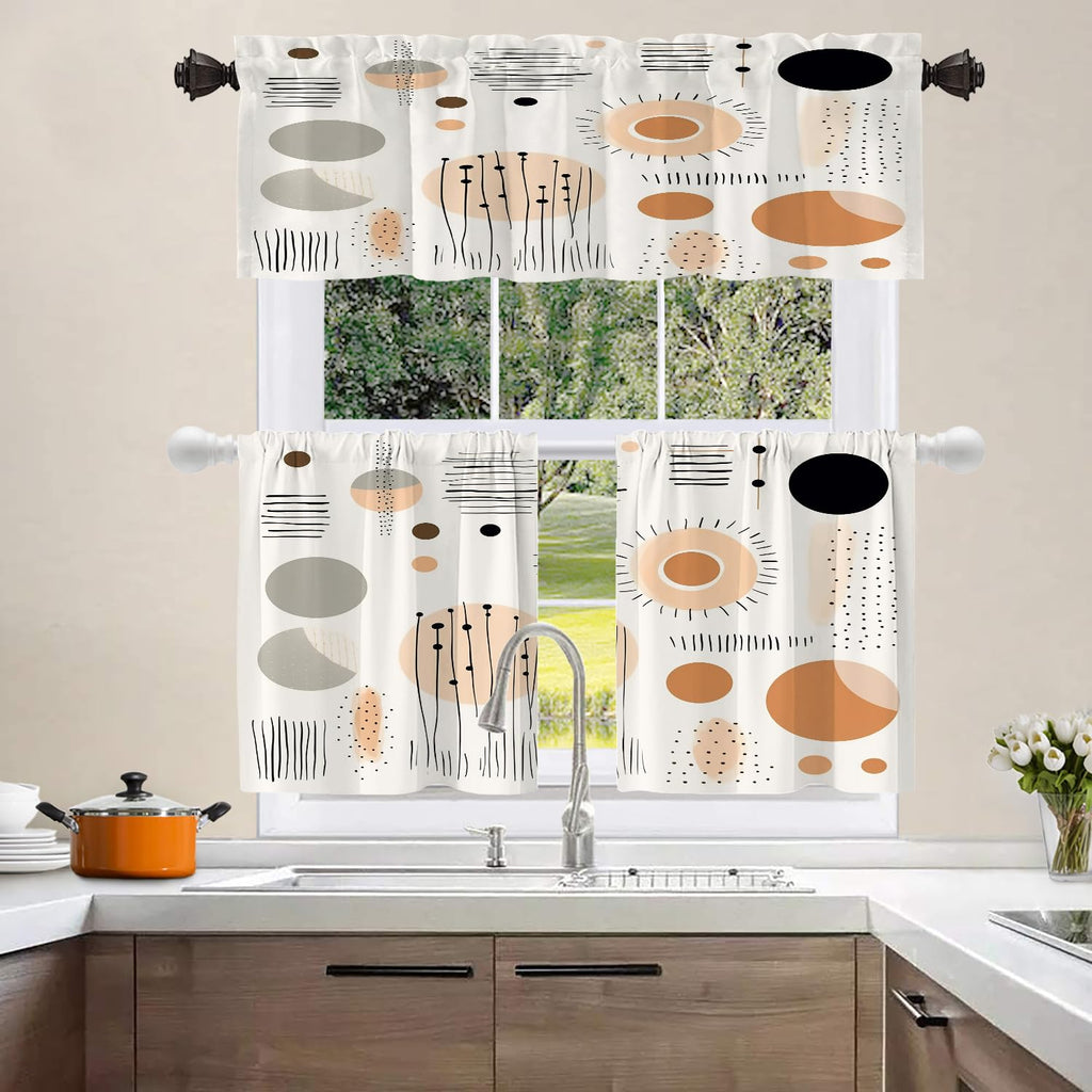 Geometric Shapes Blackout Short Curtains for Windows, Abstract Pattern Design Kitchen Valance Thermal Insulated Rod