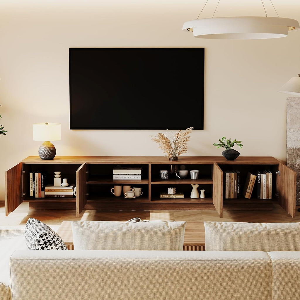 Modern 86.61" Extra Long TV Stand with Fluted Sliding Doors, Media Console Cabinet with Large Storage Compartments &
