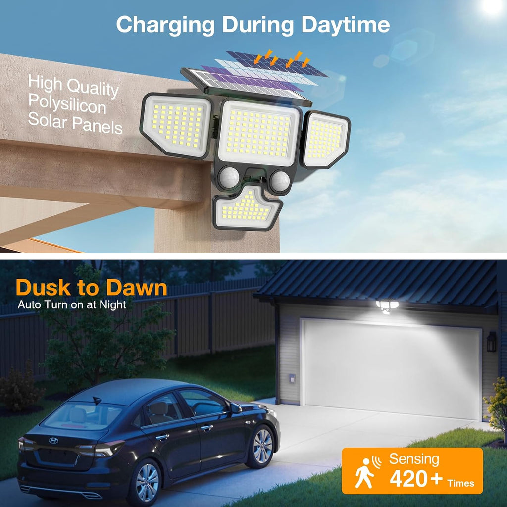 3000LM Solar Lights Outdoor, 4 Heads Solar Security Lights with Remote Control, 180 LEDs IP65 Waterproof Motion