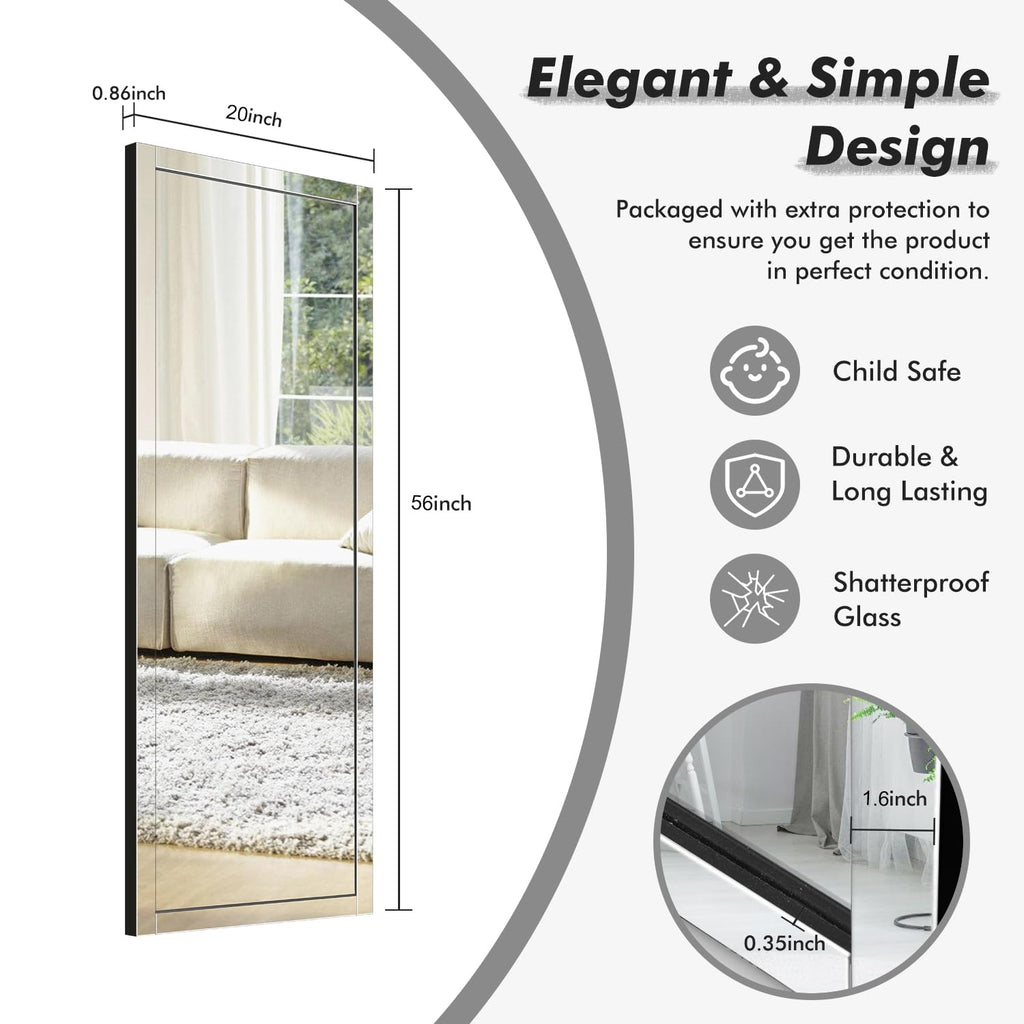 56"x20" Beveled Edge Full Length Mirror, Frameless Wall-Mounted & Over-The-Door Mirror, Large Rectangle Full Body