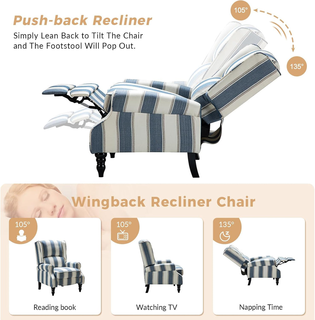 Upholstered Wingback Recliner Chair, Small Adjustable Footrest Push Back Single Reclining Sofa, Mid Century Modern