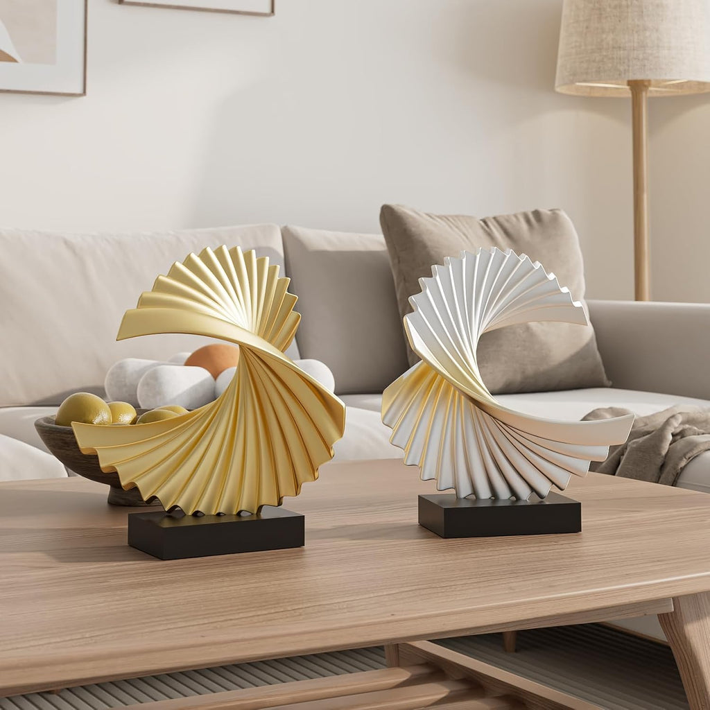 Ocean Wave Sculpture - Modern Funky Abstract Statue, Resin Wave Sea Ornament Desk Shelf Accents (Silver)