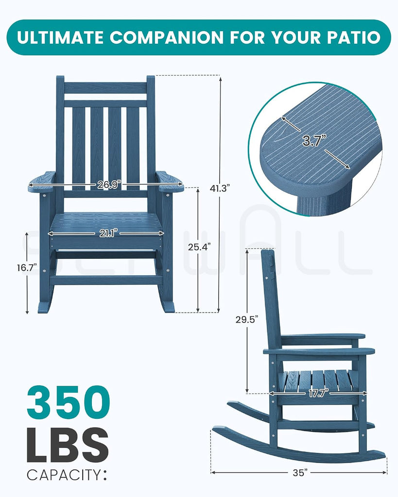 Outdoor Rocking Chair Set of 2, HDPE Rocker for Adults, Blue | 21.1" Widened Seat adds Extra Comfort, Oversized