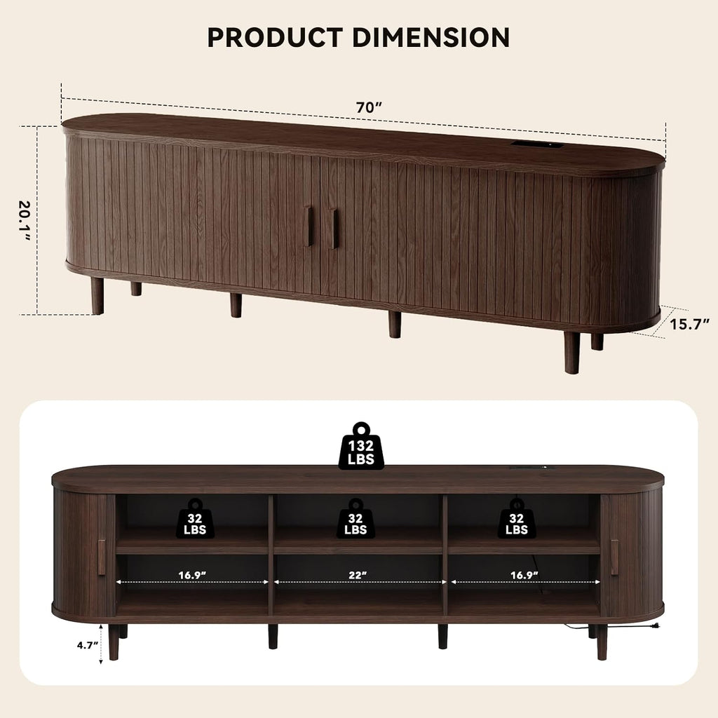 70" Mid Century Modern TV Stand with Power Outlet, Fluted Entertainment Center with Storage and Adjustable Shelves