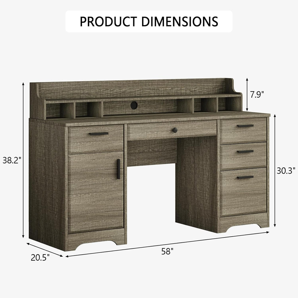 58 Inch Executive Desk with File Drawers, Computer Desk with Storage, Rustic Desk with Adjustable Shelves