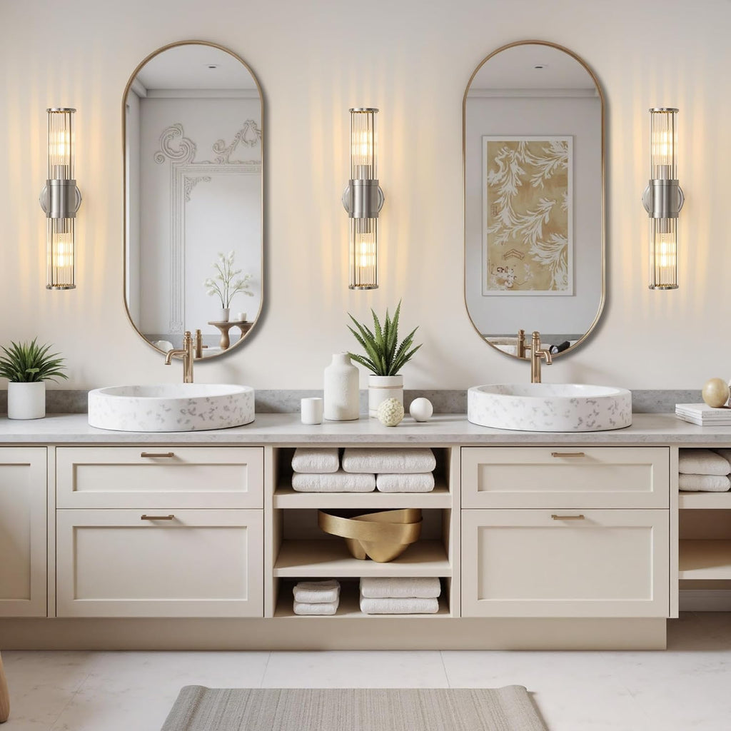 Hardwired Nickel Bathroom Vanity Light Glass Rod Wall Sconce | Up & Down Bidirectional Lighting, Damp Rated s