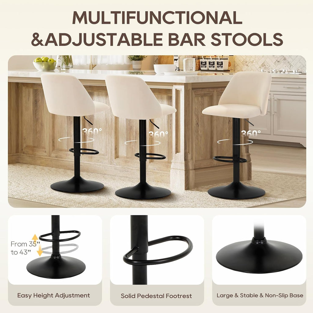 Bar Stools Set of 2, Modern Swivel Bar Chairs, Adjustable Upholstered Barstools Counter Height with Full Backrest