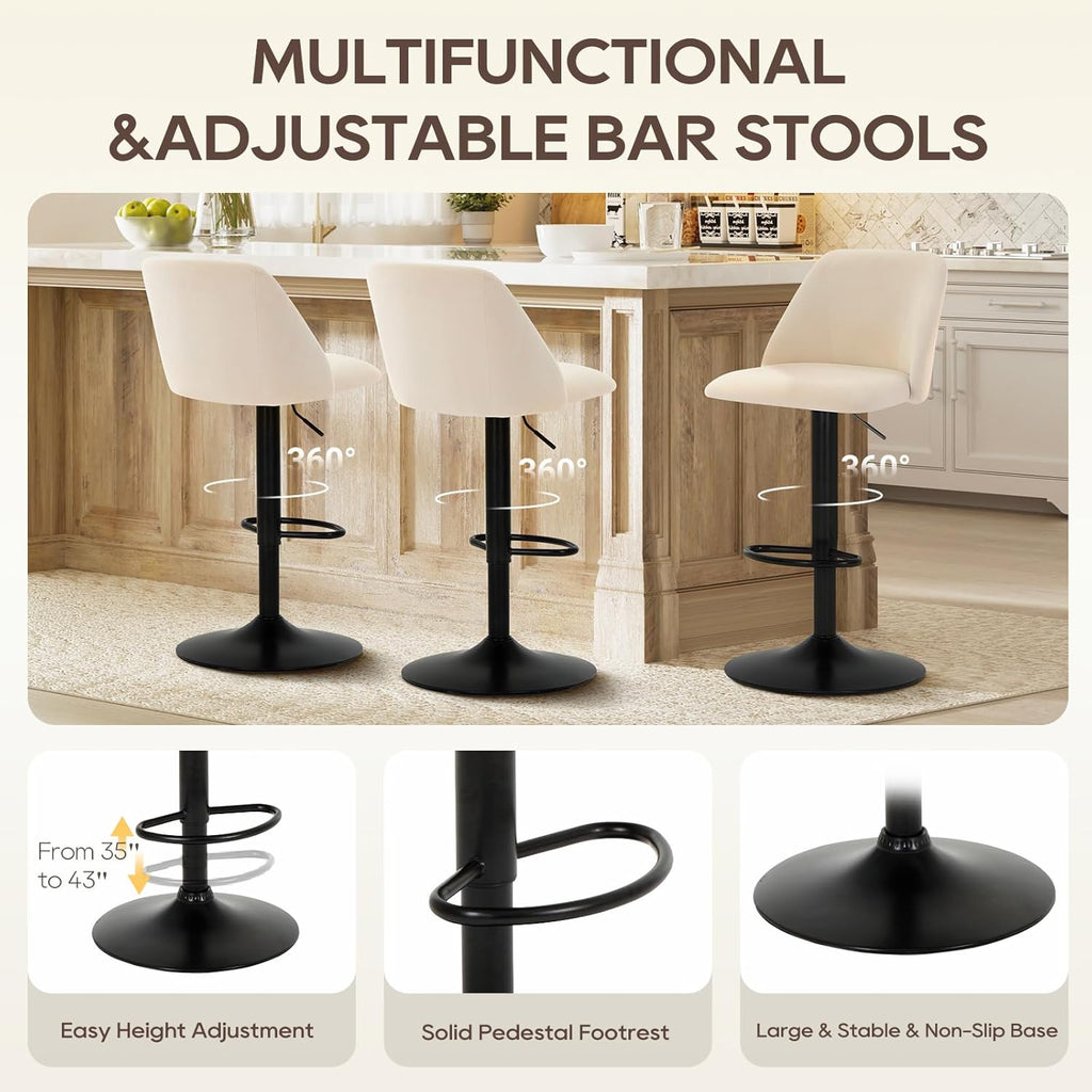 Bar Stools Set of 3, Modern Swivel Bar Chairs, Adjustable Upholstered Barstools Counter Height with Full Backrest
