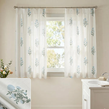 Floral Curtains 63 Inch Length Bedroom, Blue Green White Pattern Linen Semi Sheer Light Filtering Pinch Pleated