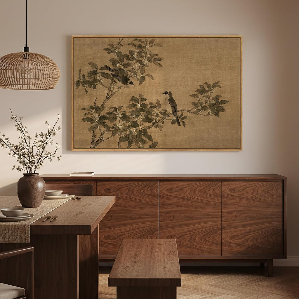 Framed Vintage Botanical Birds on Branch Wall Art, Retro Neutral Still Life Canvas Artwork for Walls, Elegant Rustic