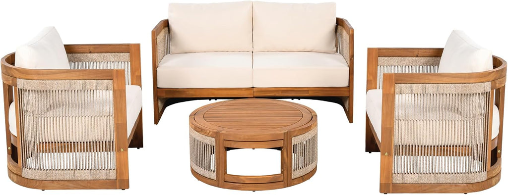 4-Piece Patio Conversation Set,All Weather Sectional Sofa Set w/ 2 Chairs, Loveseat & Table Premium, Acacia Wood