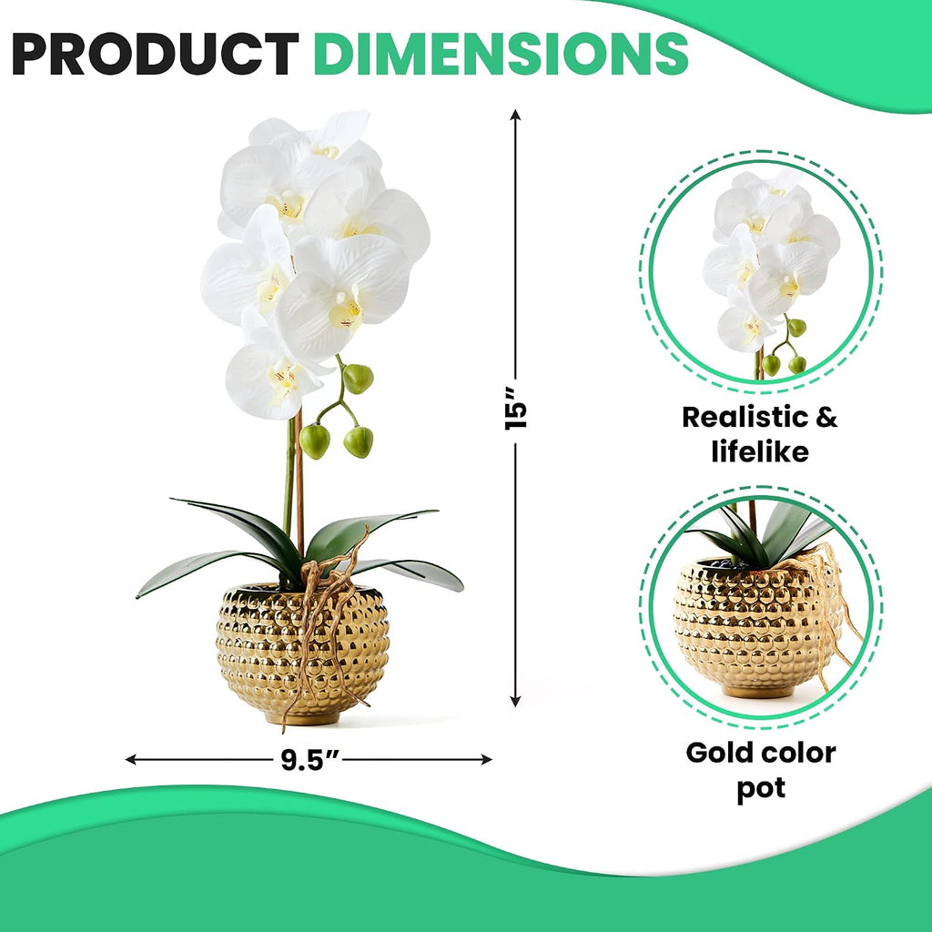 Orchids Artificial Flowers, 15" Faux Orchid in Gold Flower Pot Real Touch Flowers in Pot Large Flower Arrangements