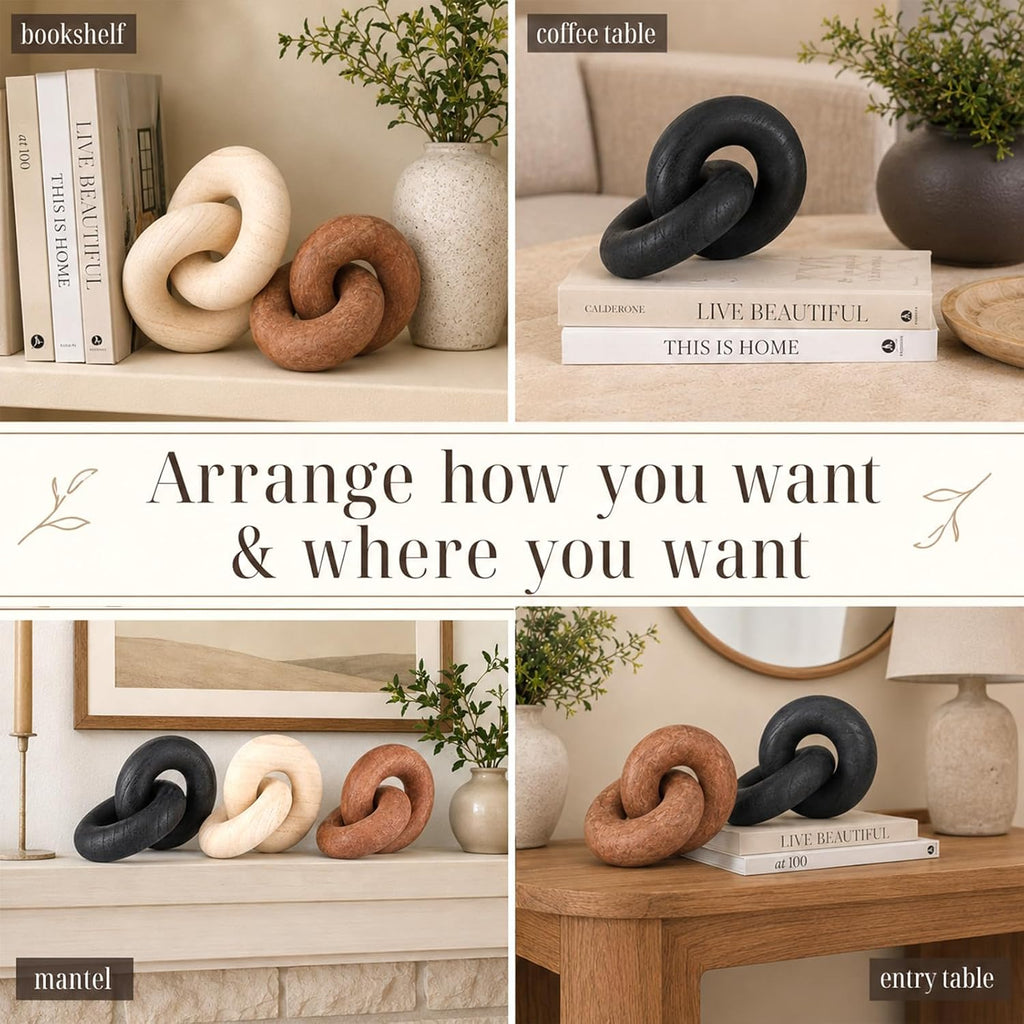 3 Pcs Wood Knot Decor, Chain Link Decor, Rustic Home Décor Accents for Coffee Table, Modern Farmhouse Decorative