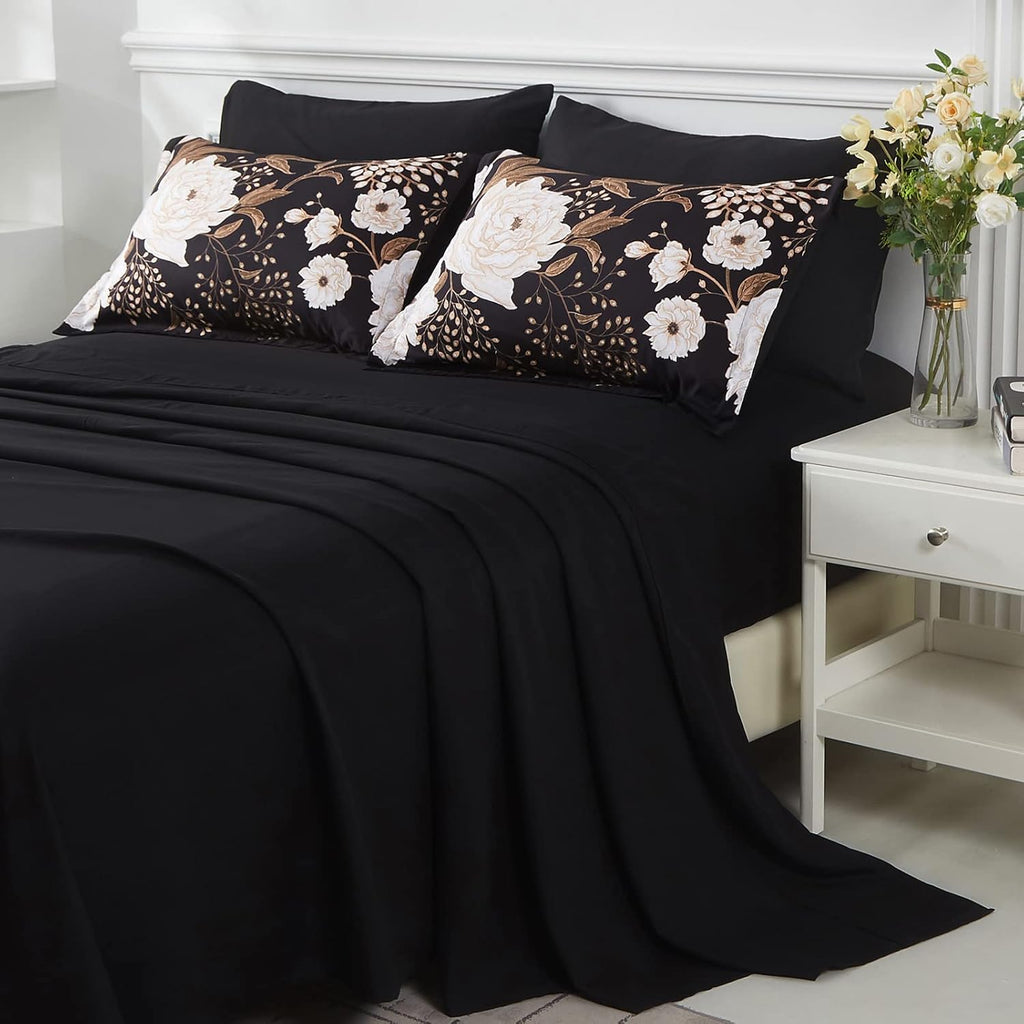 7 Piece Bed in a Bag Queen Comforter Set Botanical Floral Bedding Set,White Flowers Leaves Printed on Black - Set of 7