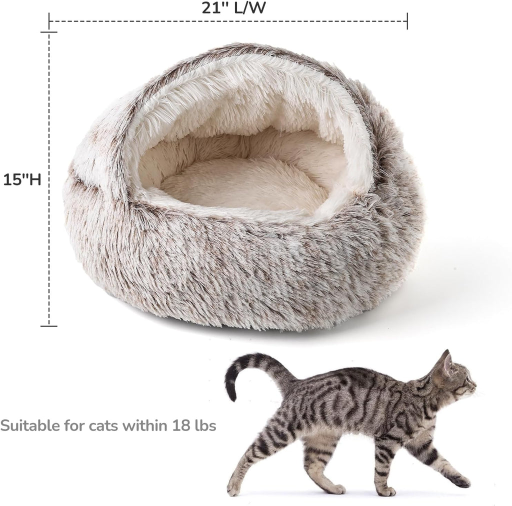 Plush Hooded Cat Bed, Calming Nest, Self-Warming Cave, Cozy Pod for Indoor Cats or Small Dogs