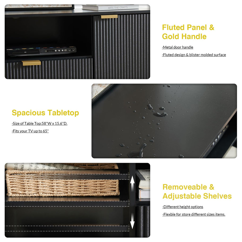 Black Fluted TV Stand for 65 Inch TVs with Storage