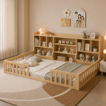 Full Size Floor Bed with High Solid Guardrail & 4-Tier Storage Cabinet, Premium Wood Bed Frame for Kids, Boys and