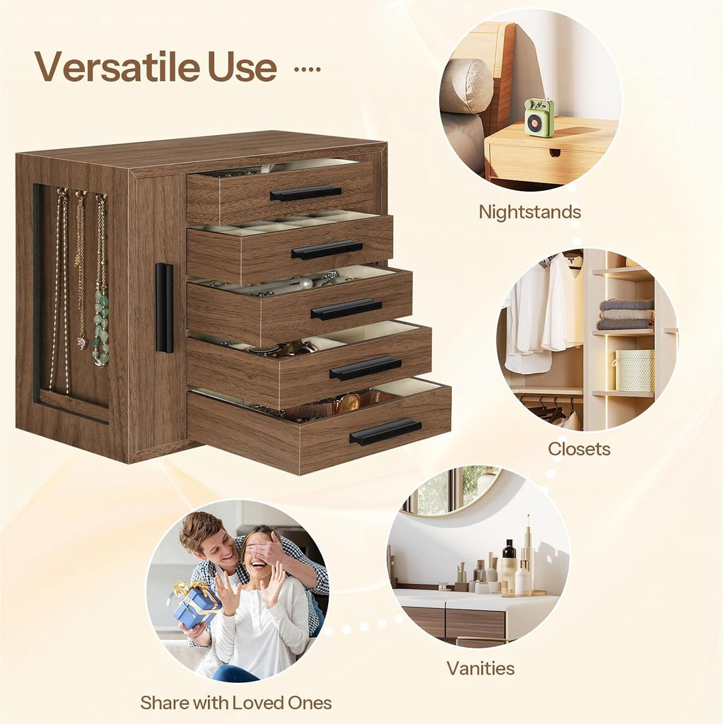 5-Tier Jewelry Box, Wooden Jewelry Organizer with Transparent Window