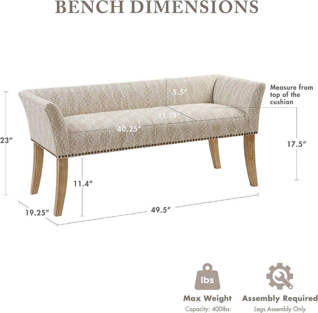Accent Bench , Upholstered with Nailhead Trim, & Padded Seat Entryway Bench Small, End of Bed Bench with Back, 49.5"