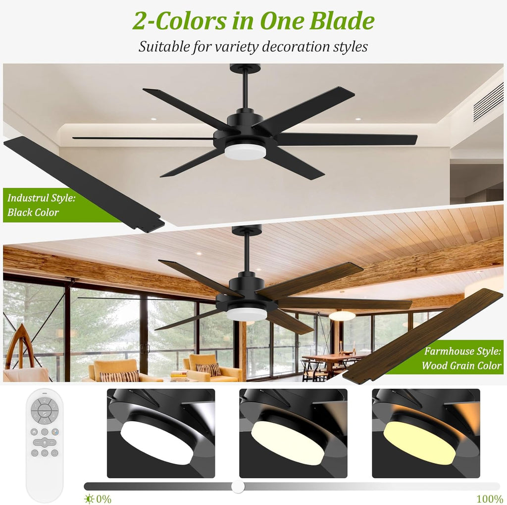 64 inch Ceiling Fans with Lights and Remote&APP,Industrial Ceiling Fan Reversible Quiet DC Motor, 6 Speed 3 CCT Dimiable, Modern Large Ceiling Fan for Living Room Farmhouse Patios Outdoor Gazebo Black