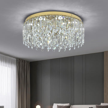 19.7" Gold Crystal Chandelier, Modern Flush Mount Ceiling Light Fixture Luxury Tri-Color LED Lighting for Living Room